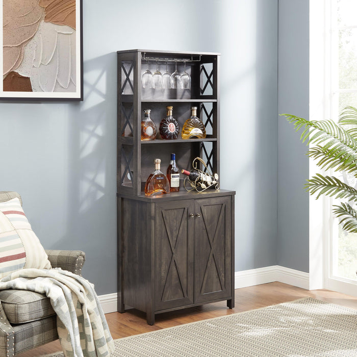 Coffee Bar Cabinet Kitchen Cabinet with Microwave Stand Metal Frame Side Home Source Bar Cabinet Cabinet and Hollow out Barn Design Wood Cabinet L26.77''*W15.75''*H67.32'' Charcoal Gray