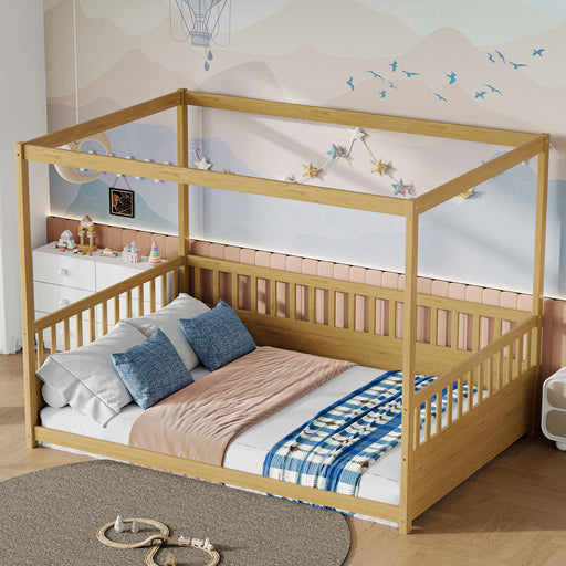 Full Size Canopy Bed Frame with Guardrails for Kids,Floor Bed Full with Four Poster Design,Kids Montessori Floor Bed,Wood Canopy Bed Frame for Girls,Boys(Full,Natural) - DTYStore