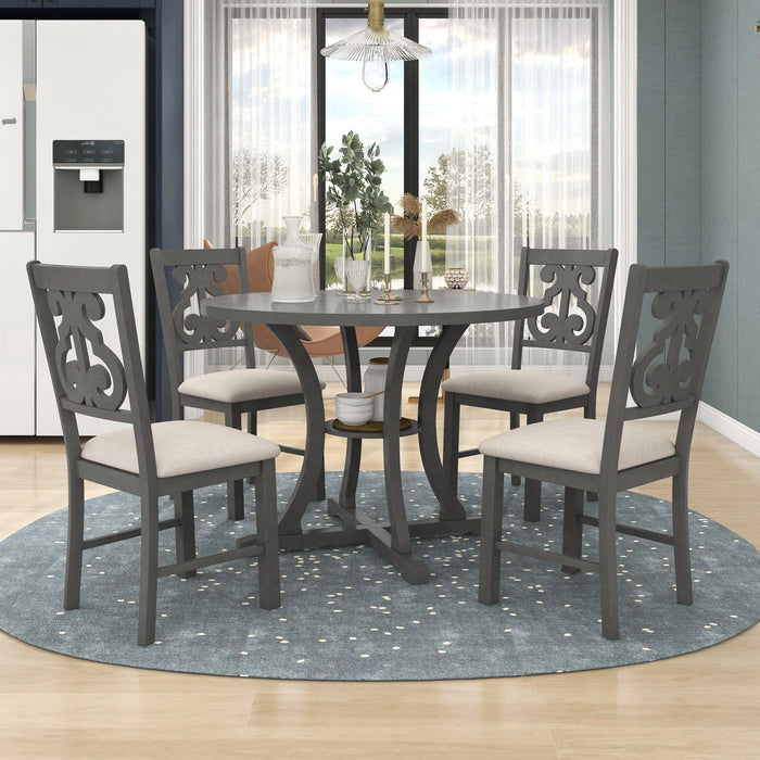 5-Piece Round Dining Table and Chair Set with Special-shaped Legs and Hollow Chair Back