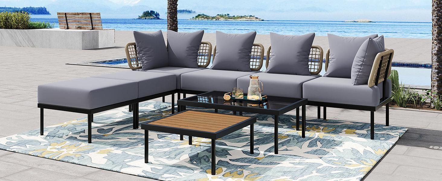 8-Piece Patio Sectional Sofa Set with Tempered Glass and Wooden Coffee Tables for Outdoor Oasis