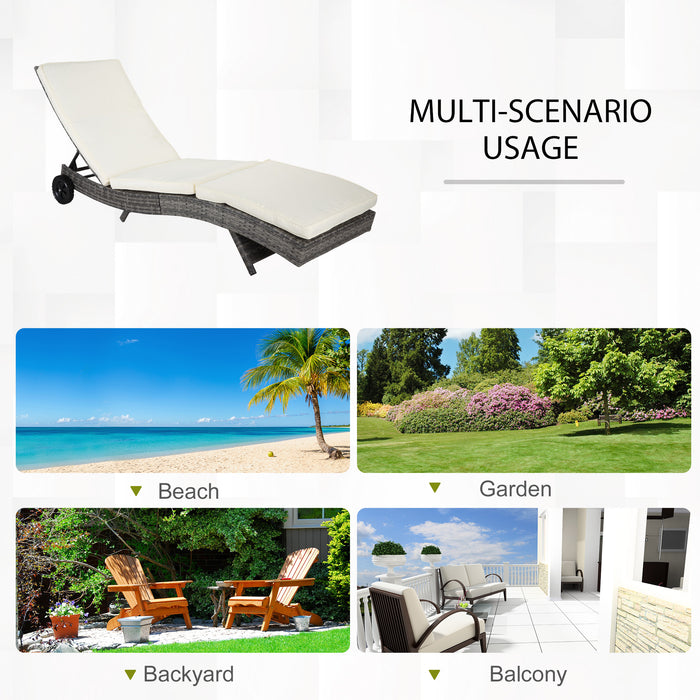 Outsunny Wicker Chaise Lounge Pool Chair, Outdoor PE Rattan Cushioned Patio Sun Lounger w/ 5-Level Adjustable Backrest & Wheels for Easy Movement, Cream White - DTYStore