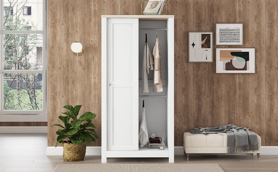 Bedroom Storage Wardrobe with Hanging Rods and 2 Drawers and Open Shelves,Sliding Door,White