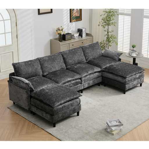 Modular Sofa,U Shaped Cloud Couch Comfy Set ,6-Seater, 2 Armrest Pillows,Convertible Sectional Couch, Living Room,Apartment, Chenille(2 Movable Ottoman), Dark Gray - DTYStore