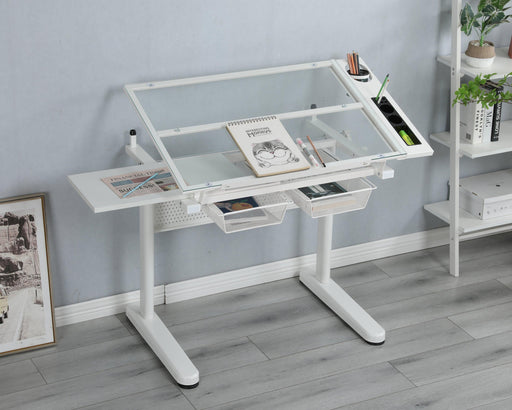 Hand Crank Adjustable Drafting table drawing desk with 2 metal drawers (white)WITH STOOL - DTYStore