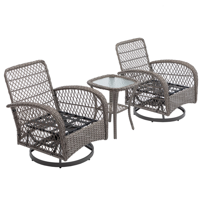 3 Pieces Outdoor Swivel Rocker Patio Chairs, 360 Degree Rocking Patio Conversation Set with Thickened Cushions and Glass Coffee Table for Backyard, Grey - DTYStore
