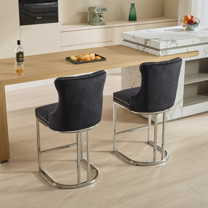 25' Counter Height Bar Stools Set of 2, Modern Velvet Barstools with Button Back&Rivet Trim Upholstered Kitchen Island Chairs with Sturdy Chromed Metal Base Legs Farmhouse Bar Stools, (Black,2 Pack) - DTYStore