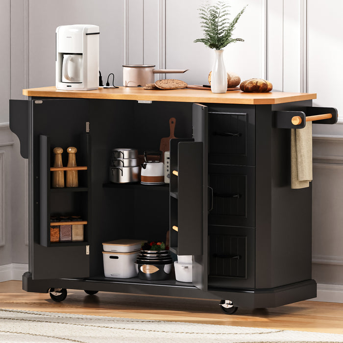56 inch Kitchen Island with Rubber Wood Veneer Drop Leaf, Power Outlet, 4 Door Shelves, Embossed Vertical Stripe Rolling Kitchen Cart on 4 Wheels with 6 Deep Drawers for Kitchen, Dining Room,Black - DTYStore