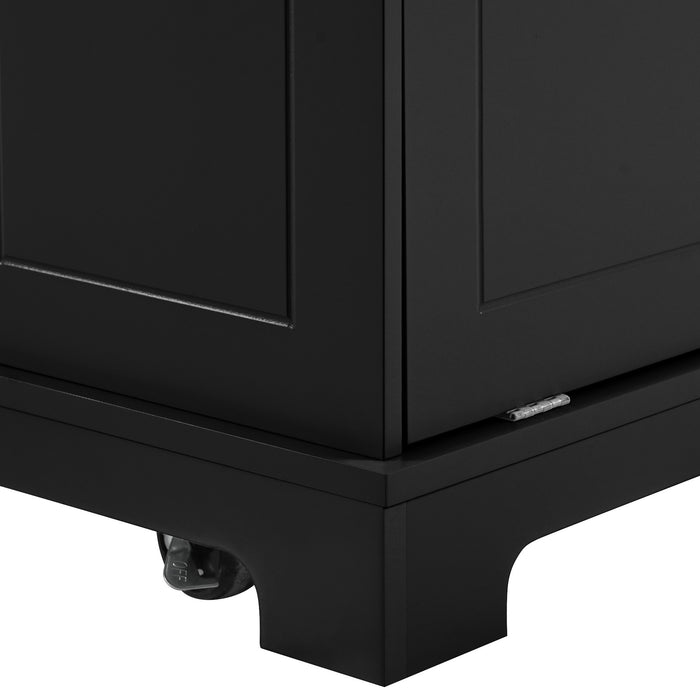 Fluted Kitchen Island with Trash Can Storage Cabinet, Power Outlet, Internal Storage Rack, Rolling Kitchen Islands on 5 Wheels with 3 Drawer, 3 Open Side Racks for 10 Gallon Garbage Bin, Black - DTYStore