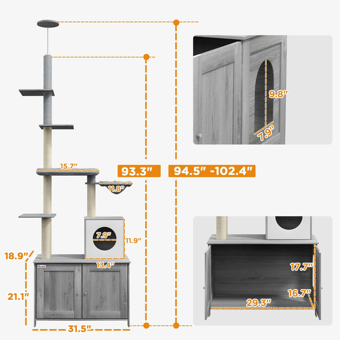 Cat Tree with Litter Box Enclosure, 2 in 1 Floor to Ceiling Cat Tower Litter Box Furniture with Condo, Bed, Hammock, Scratching Posts, and Platforms for Indoor Use, Gray