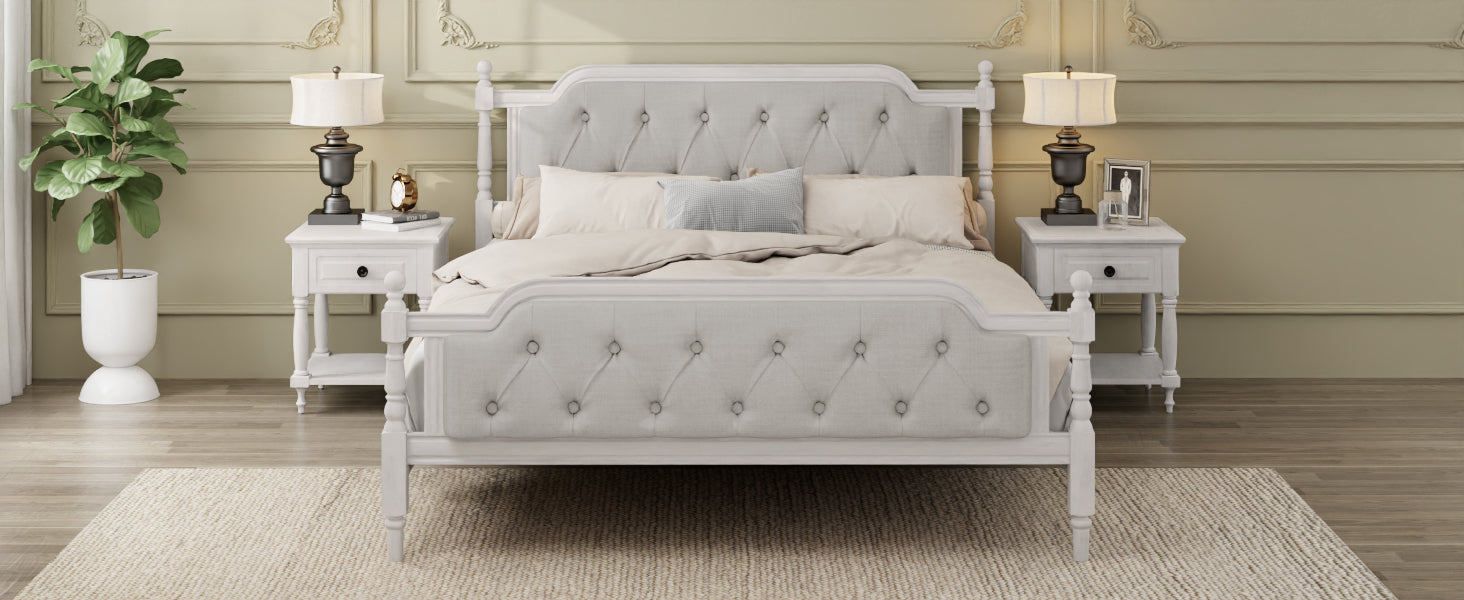 Traditional Style Solid Wood Bed Frame with Upholstered Tufted Headboard,No Box Spring Needed,Queen Size, Antique White - DTYStore