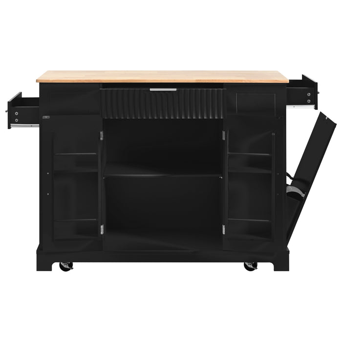Fluted Kitchen Island with Trash Can Storage Cabinet, Power Outlet, Internal Storage Rack, Rolling Kitchen Islands on 5 Wheels with 3 Drawer, 3 Open Side Racks for 10 Gallon Garbage Bin, Black - DTYStore