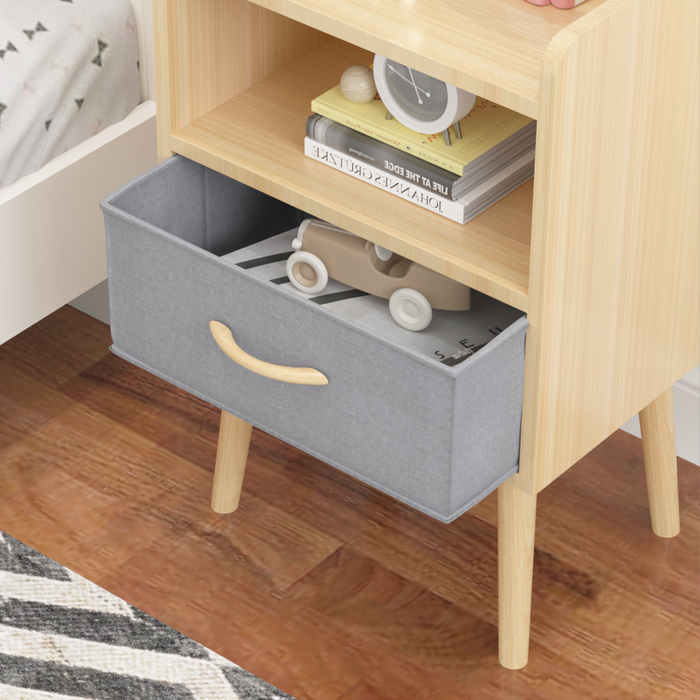 2PC Nightstand With Collapsible Fabric Drawer, 2-Tier Storage End Table, Wood Side Table with Storage Cabinet for Bedroom, Living Room - Oak - DTYStore