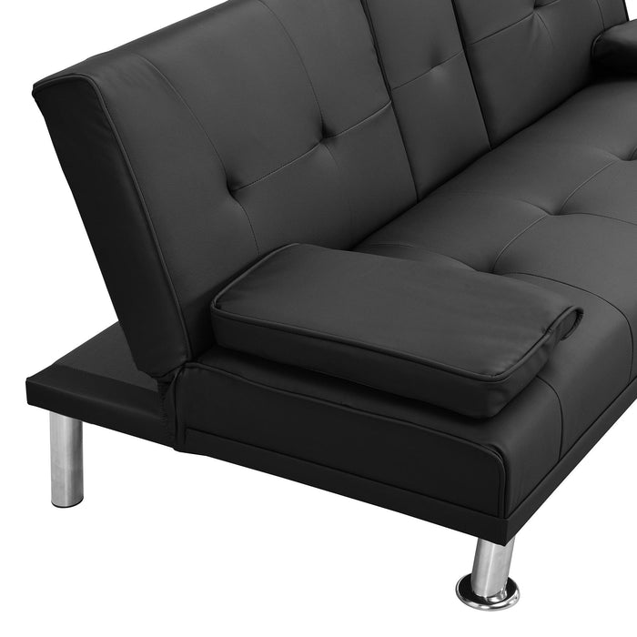 Sofa Bed with Armrest two holders WOOD FRAME, STAINLESS LEG, FUTON BLACK PVC