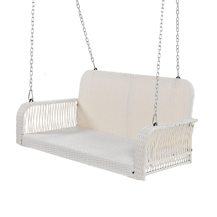 GPE Wicker Porch Swing, 2-Seater Hanging Bench With Chains, Patio Furniture Swing For Backyard Garden Poolside, White And Gray