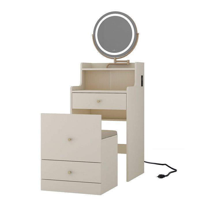 Compact 3 in 1 Vanity Desk with Mirror, Light, Drawers, and Upholstered Stool