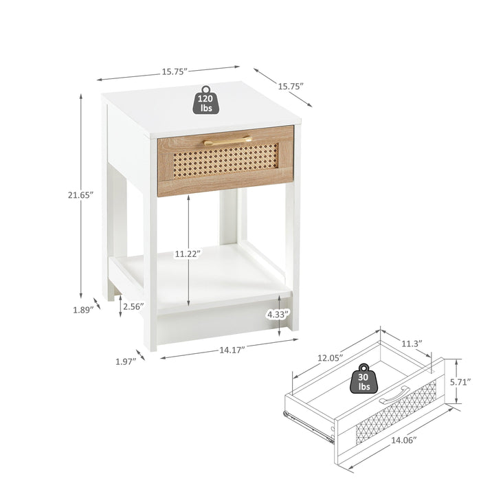 15.75" Rattan End table with drawer, Modern nightstand, side table for living room, bedroom,white - DTYStore