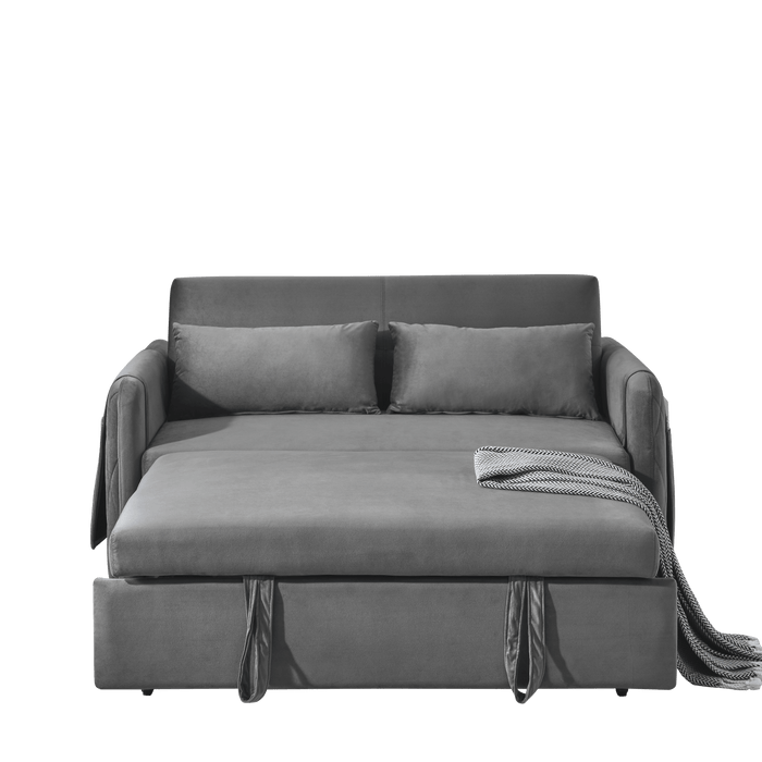 55" Modern Convertible Sofa Bed with 2 Detachable Arm Pockets, Velvet Loveseat Sofa with Pull Out Bed, 2 Pillows and Living Room Adjustable Backrest, Grid Design Armrests