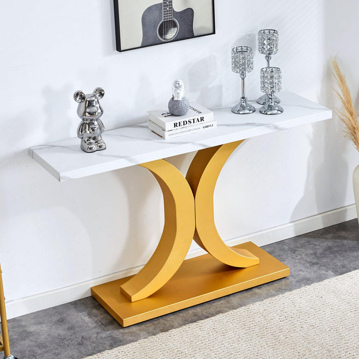 A modern minimalist style foyer table with white tabletop, gold bracket, and bottom plate, enhancing the beauty and artistic atmosphere of the home, suitable for the foyer FXG