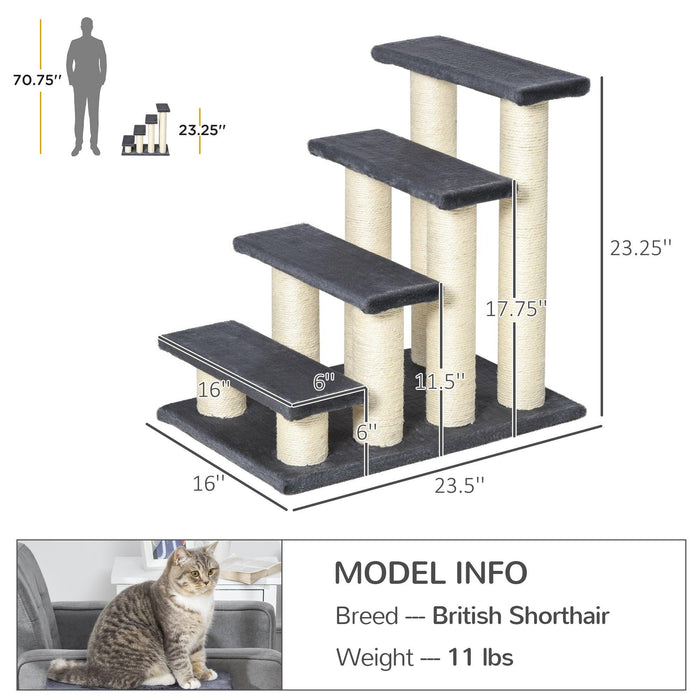 Cat Tree with 4 Steps for High Beds Couch, Cute Stair Shaped Cat Tree for Indoor Cats or Dogs w/ Sisal Scratching Post, Climbing, Playing, Gray