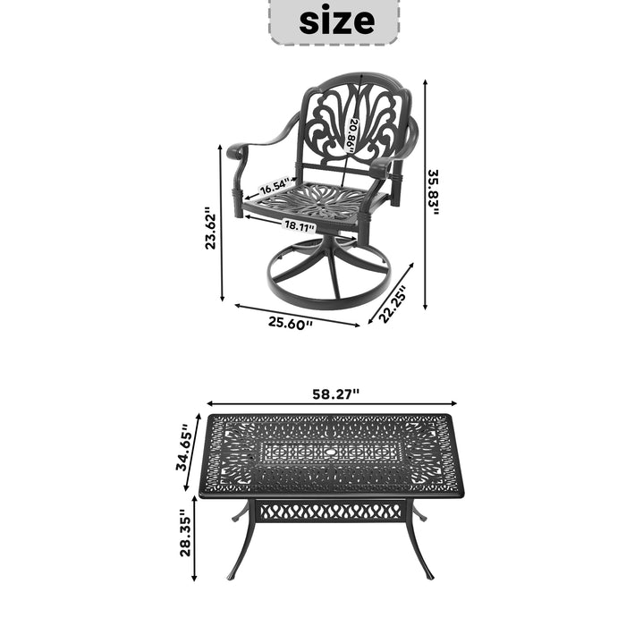 5-Piece All-Weather Cast Aluminum Dining Set, Include 4 Swivel Chairs and Rectangular Table With Black Frame - DTYStore