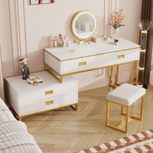 GO Modern Style Vanity Table With Movable Side Cabinet And 4-Drawers, Large Size Dressing Table With Mirror and 3-colors LED Light, Makeup Table With Stool, White, Golden Legs - DTYStore