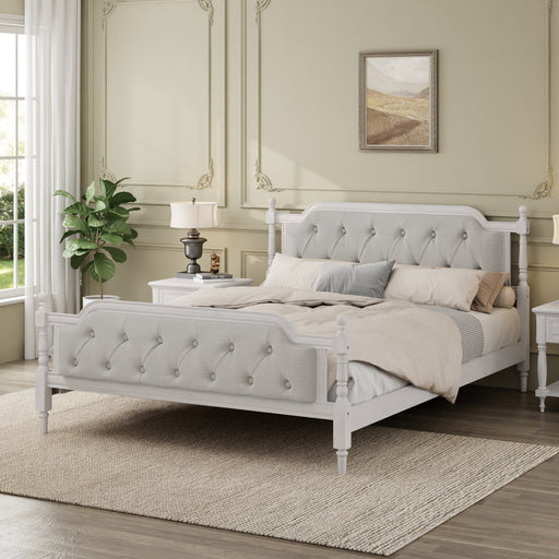Traditional Style Solid Wood Bed Frame with Upholstered Tufted Headboard,No Box Spring Needed,Queen Size, Antique White - DTYStore