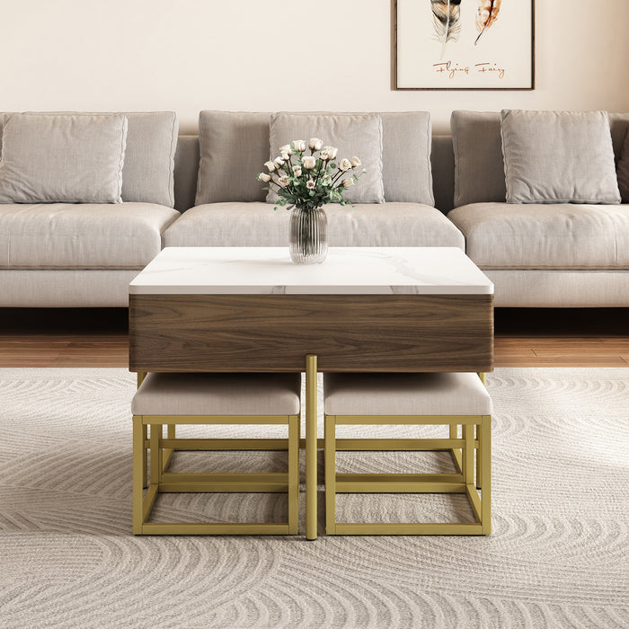 Modern Square Lift-Top Coffee Table Set with Storage & 4 Ottomans White & Walnut - DTYStore