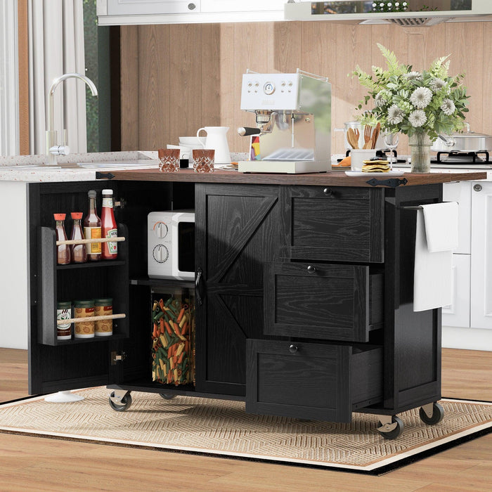 K&K 54.5" Farmhouse Kitchen Island with Power Outlet, Kitchen Storage Island with Internal Storage Rack, Drop Leaf, Spice Rack, Rolling Kitchen Cart on Wheels, for Home, Kitchen and Dining Room,Black