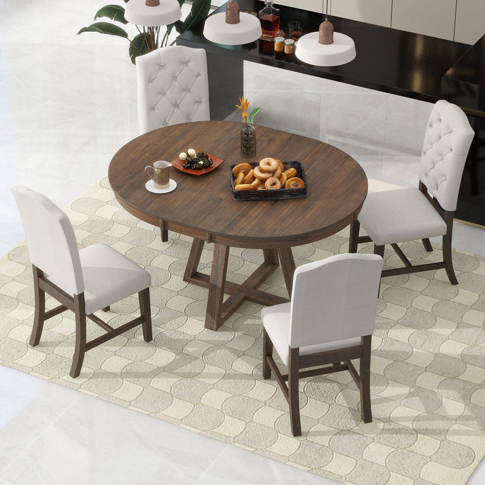 5-Piece Retro Functional Dining Set, Round Table with 16"W Leaf and 4 Upholstered Chairs