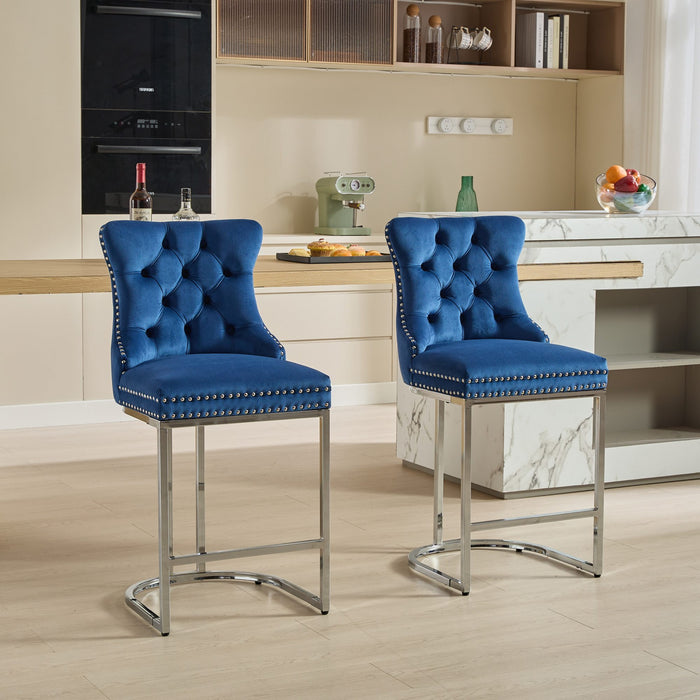25' Counter Height Bar Stools Set of 2, Modern Velvet Barstools with Button Back&Rivet Trim Upholstered Kitchen Island Chairs with Sturdy Chromed Metal Base Legs Farmhouse Bar Stools, (Blue,2 Pack) - DTYStore
