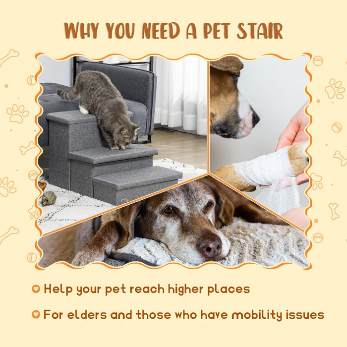 3-Steps Pet Stairs with Storage, Dog Steps for Couch, Bed, Pet Steps for Injured Pet, Older Pets, Small Cats, gray