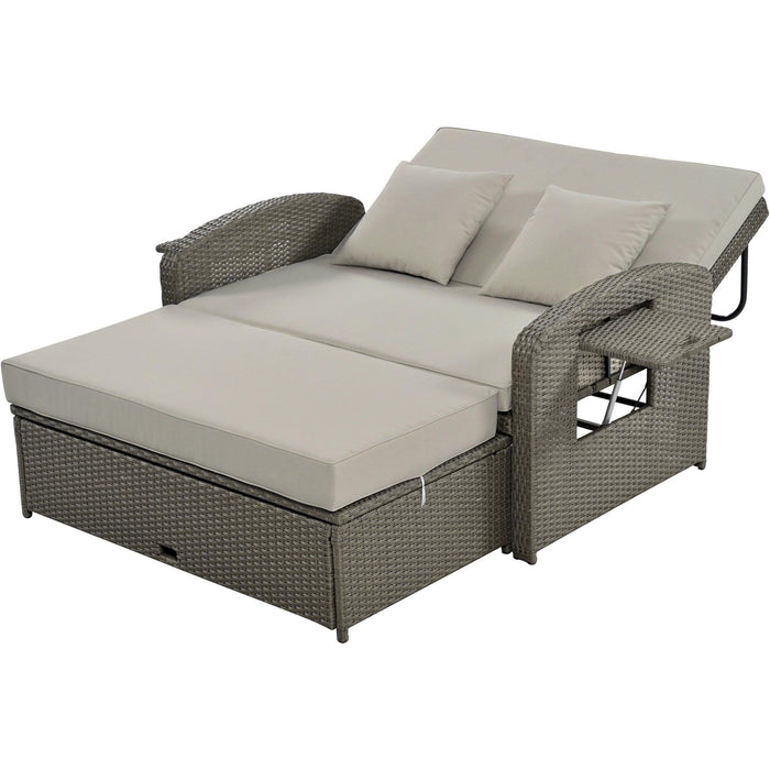 PE Wicker Rattan Double Chaise Lounge, 2-Person Reclining Daybed with Cushions and Cover