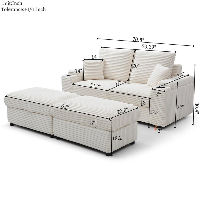 Loveseat with Ottomans,Corduroy Fabric Modular Sectional Sofa,Comfy Deep Plush Couch with Ottomans and Two Pillows,for Small Spaces, Living Room,Bedroom, Office, 5 Colors,Beige