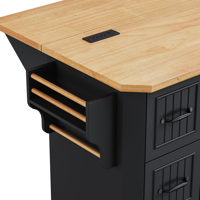 56 inch Kitchen Island with Rubber Wood Veneer Drop Leaf, Power Outlet, 4 Door Shelves, Embossed Vertical Stripe Rolling Kitchen Cart on 4 Wheels with 6 Deep Drawers for Kitchen, Dining Room,Black - DTYStore