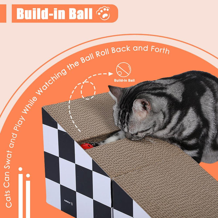 Cat Scratching Board with Ball, Triangle Cat Scratching Cardboard, Multiple Scratching Angles, 2-in-1 Scratching Lounge Bed, Recyclable and Durable, Furniture Protector, Black and White - DTYStore