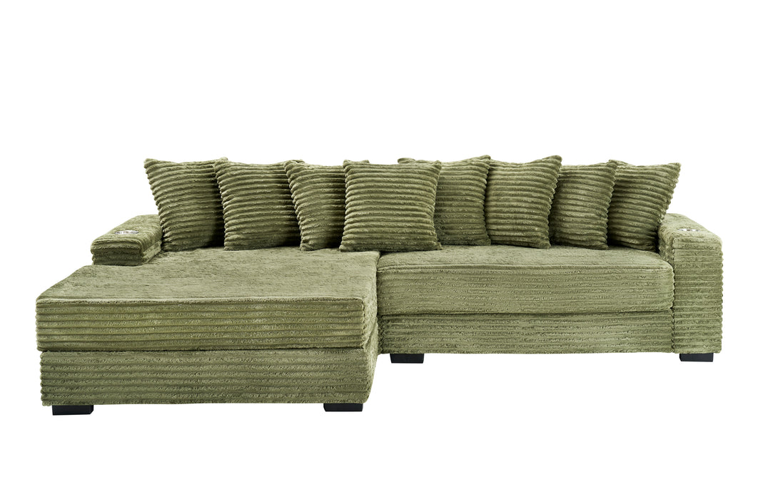 111.4-inch green corduroy sofa with cup holders and lockers on the armrests and a reversible chaise lounge (which can be swapped left and right) is suitable for living rooms and bedrooms. - DTYStore