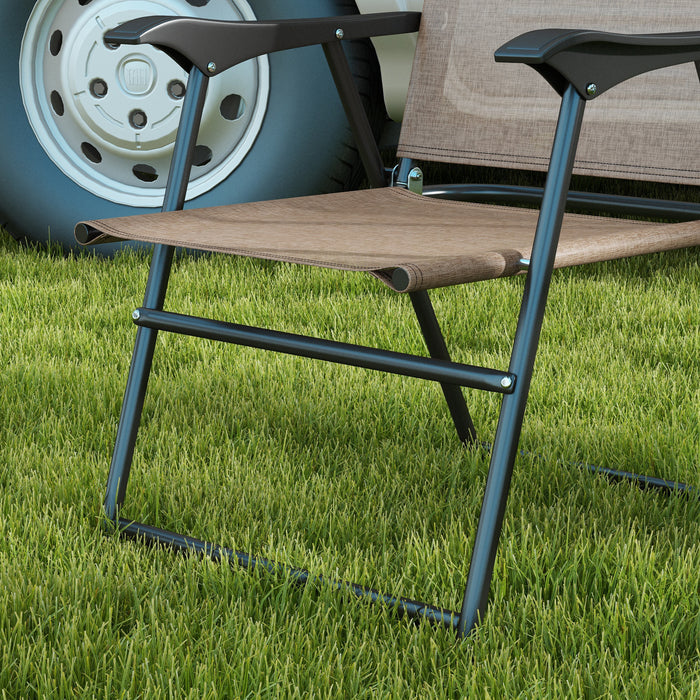 Outsunny Folding Patio Chairs, Set of 4 Sports Chairs for Adults, Camping Chairs with Armrests, Breathable Mesh Fabric Seat for Lawn, Brown - DTYStore