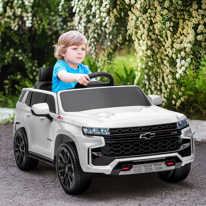 Chevrolet TAHOE Licensed Kids Ride on Car, 12V Battery Powered Kids Electric Car with Remote Control, Music, Lights, Horn, Suspension for 3-6 Years Old, White