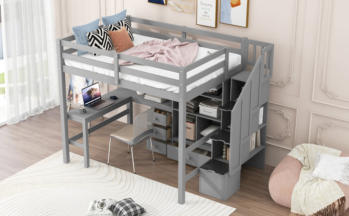 Full Size Loft Bed with L-Shaped Desk and Drawers, Cabinet and Storage Staircase, Gray - DTYStore