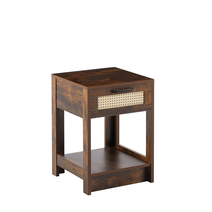 15.75" Rattan End table with drawer, Modern nightstand, side table for living room, bedroom,Rustic Brown