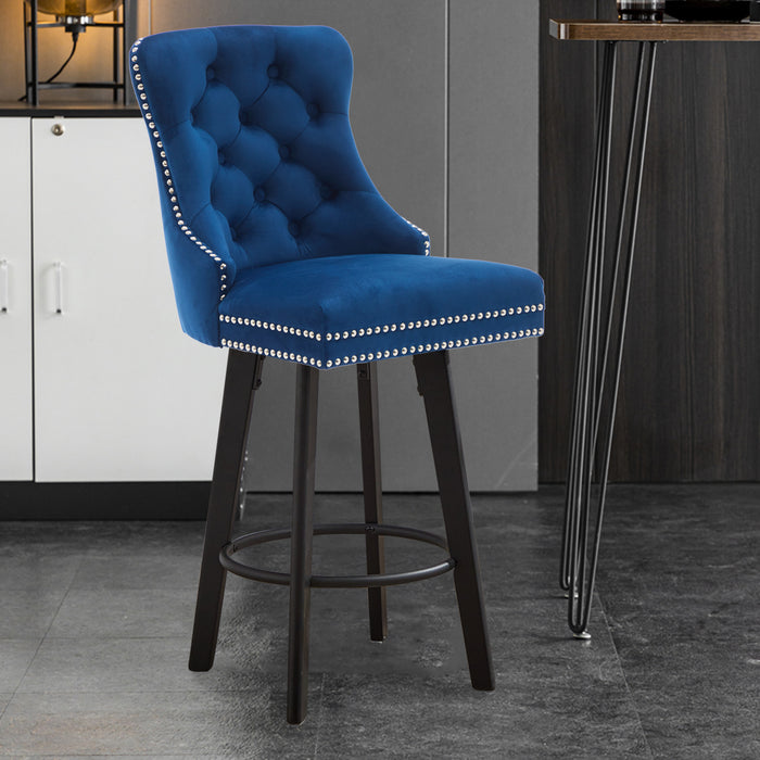 Modern Swivel Bar Stools Velvet Barstools Button Tufted Bar Stools Rivet Trim Bar Stools for Kitchen Island,Bistro, with Metal Pull Ring Sturdy Footrest Large Backrest for Home Bar,Navy Blue 1pc - DTYStore