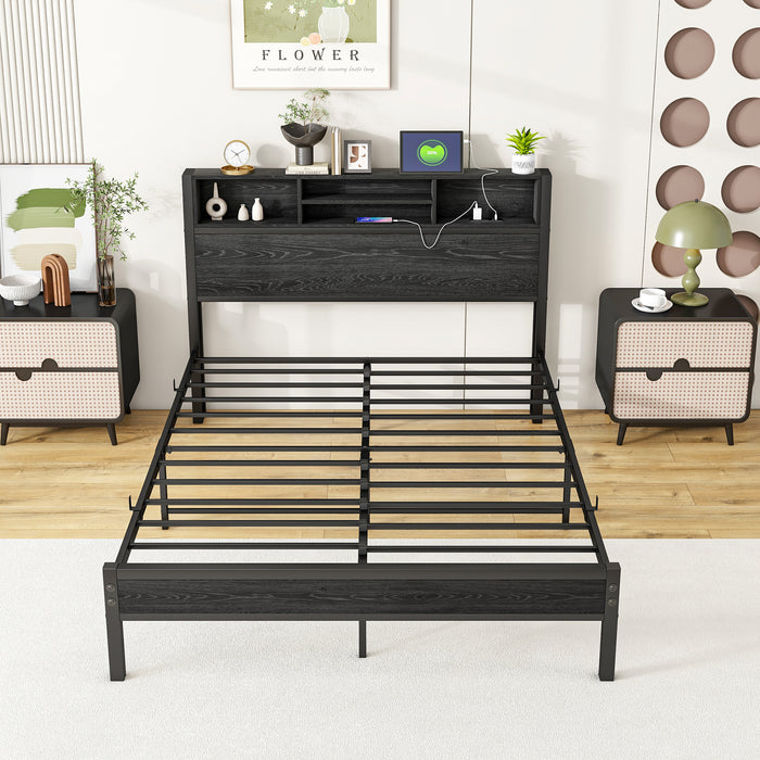 Full Size Bed Frame with Storage Headboard, Metal Platform Bed with Charging Station, Bookcase Storage, No Box Spring Needed, Easy Assembly, Noise-Free, Black - DTYStore