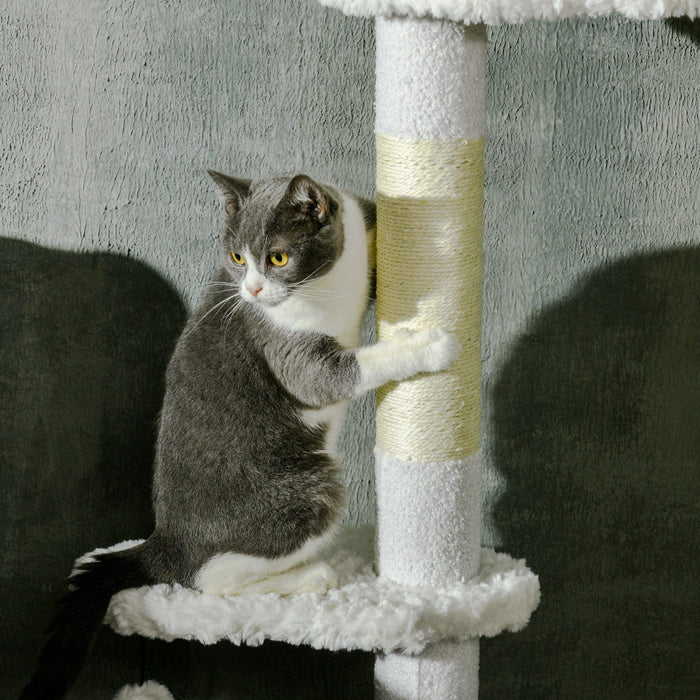 Floor to Ceiling Cat Tree with Scratching Posts, 88.5"-100.5" Adjustable Height, Cat Climbing Tower with Cloud Shape Platforms, Toy Balls, Anti-toppling Device, White