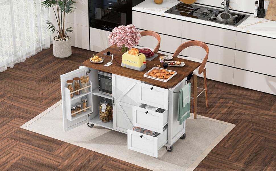 54.5" Farmhouse Kitchen Island with Power Outlet, Kitchen Storage Island with Internal Storage Rack, Drop Leaf, Spice Rack, Rolling Kitchen Cart on Wheels, for Home, Kitchen and Dining Room,White - DTYStore