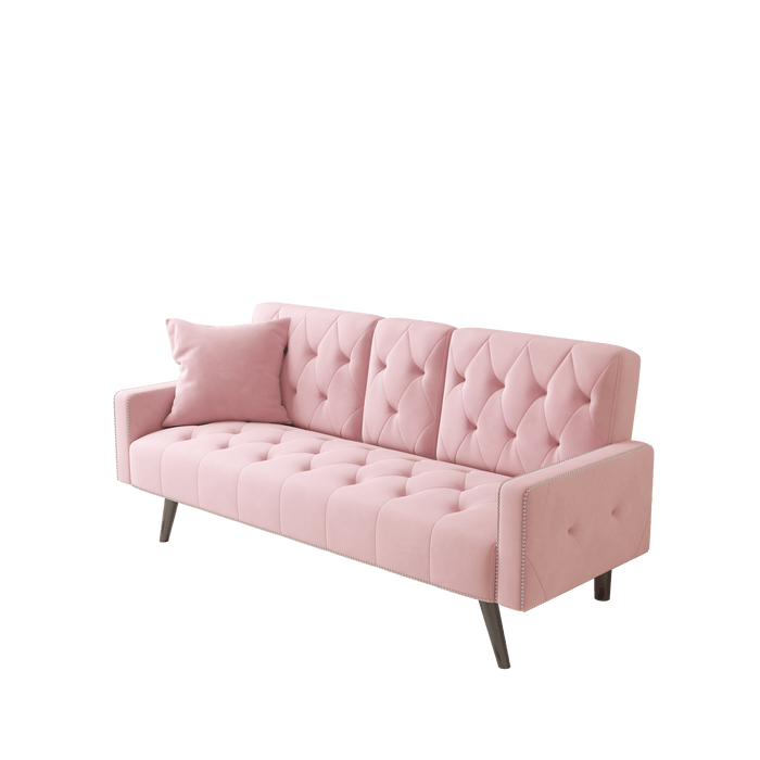 1730 Sofa Bed Armrest with Nail Head Trim with Two Cup Holders 72" Pink Velvet Sofa for Small Spaces