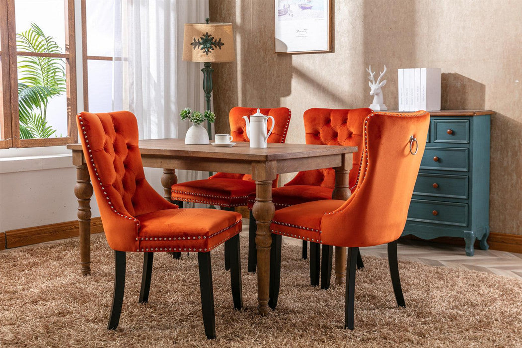 Nikki Collection Modern, High-end Tufted Solid Wood Contemporary Velvet Upholstered Dining Chair with Wood Legs Nailhead Trim 2-Pcs Set, Orange