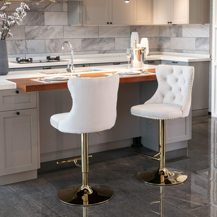 A&A Furniture,Golden Swivel Velvet Barstools Adjusatble Seat Height from 25-33 Inch,Modern Upholstered Bar Stools with Backs Comfortable Tufted for Home Pub and Kitchen Island,Beige,Set of 2