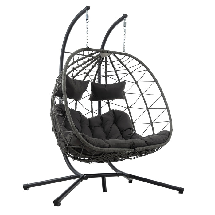 2 Persons Egg Chair with Stand Indoor Outdoor Swing Chair Patio Wicker Hanging Egg Chair Hanging Basket Chair with Stand for Bedroom Living Room Balcony - DTYStore