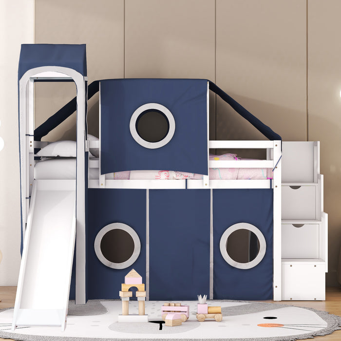 Twin Size Loft Bed with Tent and Tower - Blue - DTYStore