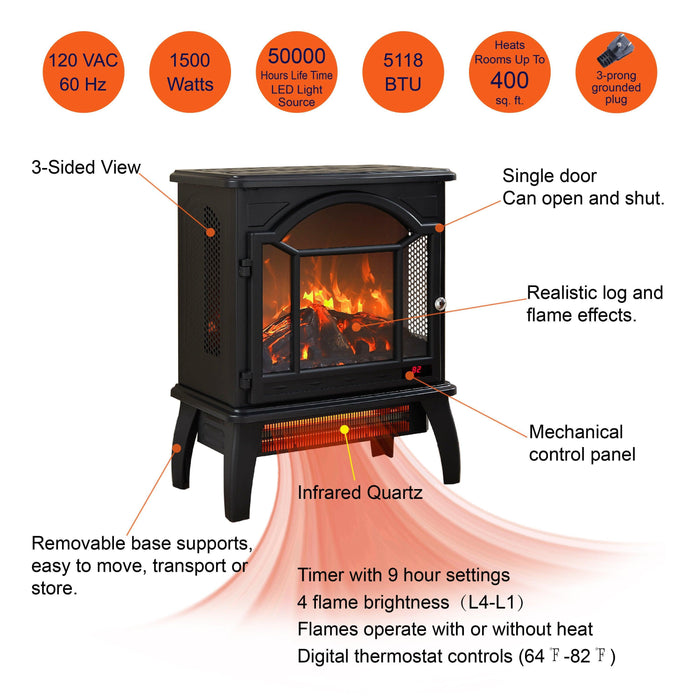 18 Inch 3D Flame Electric Infrared Quartz Fireplace Stove with Remote Control